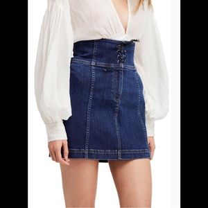 Free People Dark Wash Corset Tie Front Mini Skirt